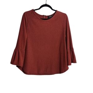 W5 Anthropologie Rust Textured Swiss Dot Top With Bell Sleeves Size Large